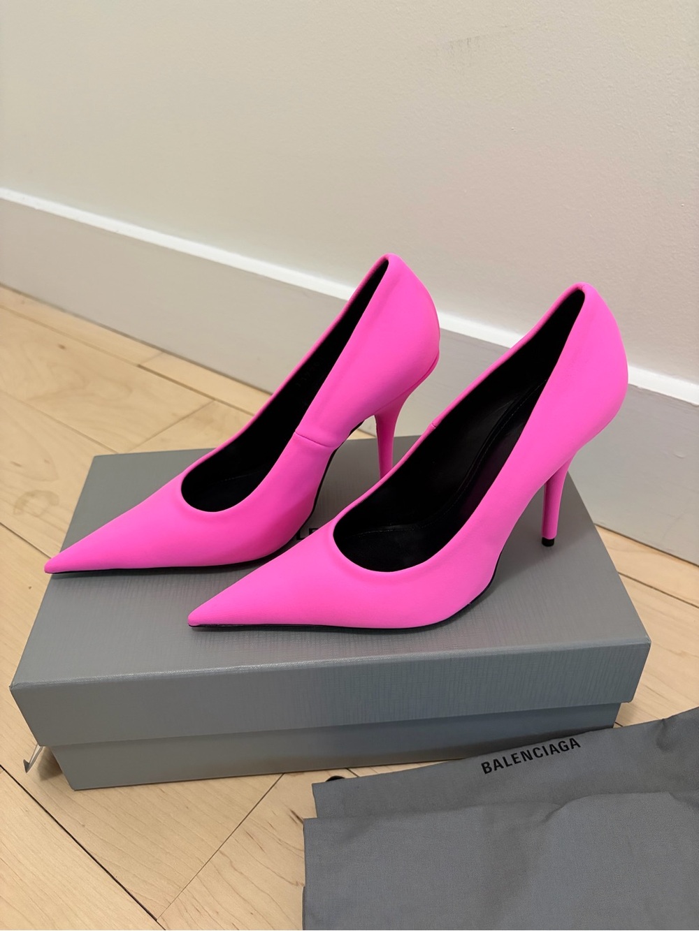 Balenciaga Knife Spandex Pumps Neon Pink Size 37 NWT Pointed Toe Heels $975